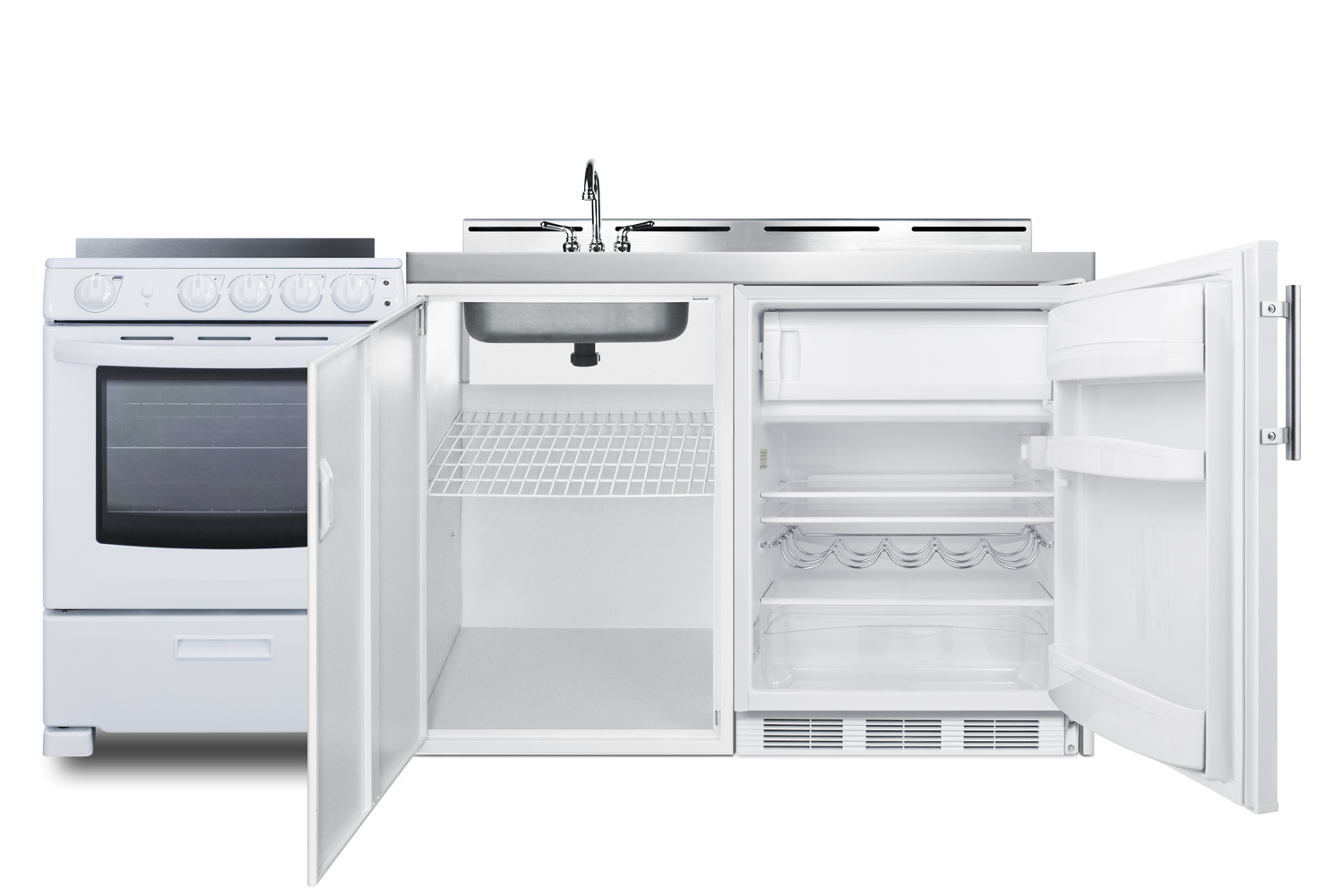 72 inch wide all-in-one kitchenette with 4-burner 220V smooth-top electric range, refrigerator-freezer, sink, cutting board and cutlery storage, and a storage cabinet